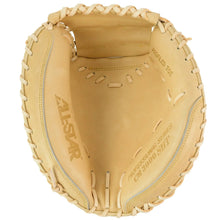 An All Star Pro-Elite Limited 34" Baseball Catcher's Mitt (CM3000-34) made of tan Japanese steerhide leather is shown from above, highlighting the pocket and webbing of this professional catcher's mitt.