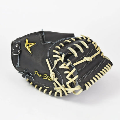 Here is the rewritten sentence using your product data: The All Star Pro-Elite Japan 34″ Baseball Catcher’s Mitt: CM3000-J1-34 features a black premium HIMEJI leather construction with white laces, yellow stitching, and a gold star logo embroidered above “Pro-Elite” on the glove’s side. Inspired by the precision of the Japan Series, this All Star mitt is displayed against a plain white background.