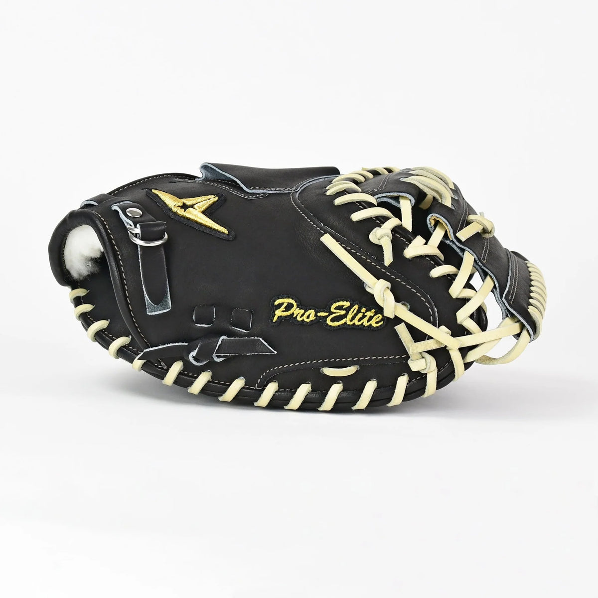 The All Star Pro-Elite Japan 34″ Baseball Catcher’s Mitt (CM3000-J1-34) features a striking black and cream design, crafted from premium HIMEJI leather, with “Pro-Elite” stitched in yellow on the side. It is displayed against a plain white background.