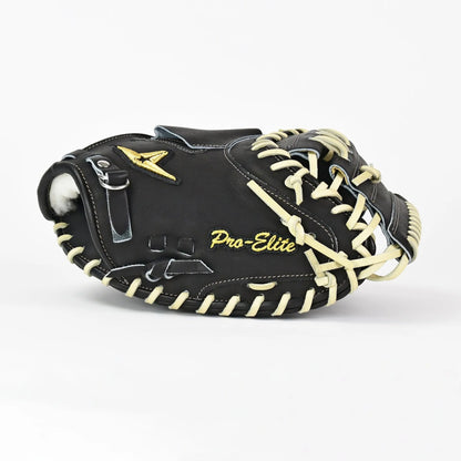 The All Star Pro-Elite Japan 34″ Baseball Catcher’s Mitt (CM3000-J1-34) features a striking black and cream design, crafted from premium HIMEJI leather, with “Pro-Elite” stitched in yellow on the side. It is displayed against a plain white background.