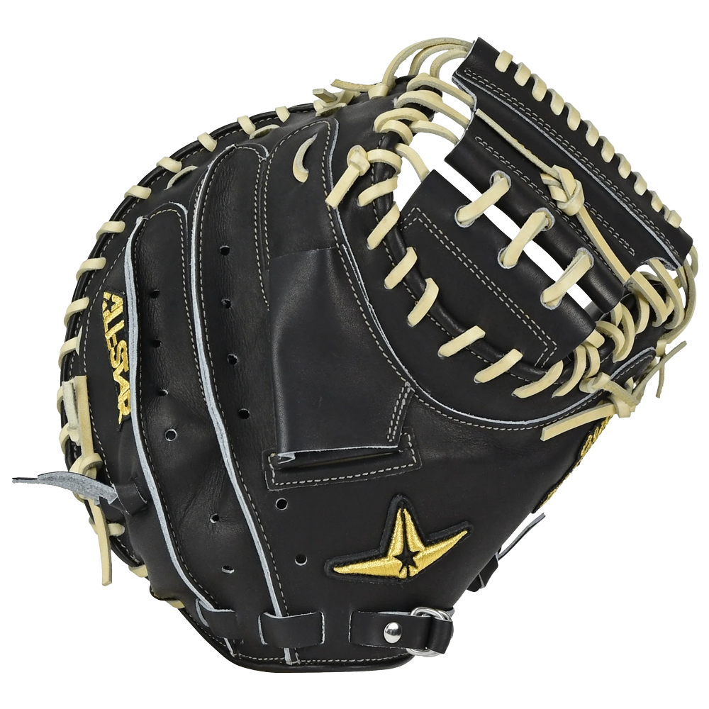 Introducing the All Star Pro-Elite Japan 34″ Baseball Catcher’s Mitt: CM3000-J1-34—a black and tan leather mitt crafted from premium HIMEJI leather with white stitching, lacing, and gold embroidered logos and lettering. Part of the distinguished All Star Japan Series.
