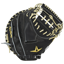 Introducing the All Star Pro-Elite Japan 34″ Baseball Catcher’s Mitt: CM3000-J1-34—a black and tan leather mitt crafted from premium HIMEJI leather with white stitching, lacing, and gold embroidered logos and lettering. Part of the distinguished All Star Japan Series.