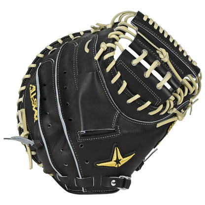 Introducing the All Star Pro-Elite Japan 34″ Baseball Catcher’s Mitt: CM3000-J1-34—a black and tan leather mitt crafted from premium HIMEJI leather with white stitching, lacing, and gold embroidered logos and lettering. Part of the distinguished All Star Japan Series.