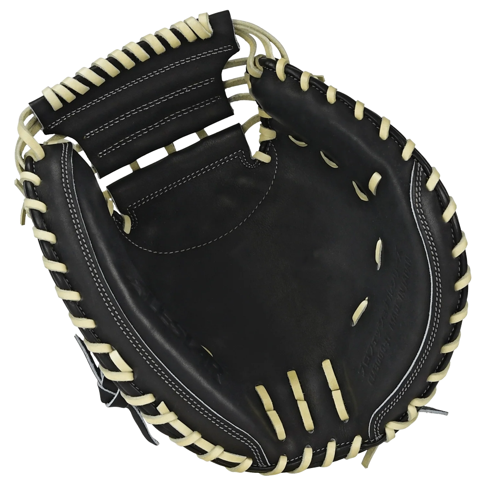 An All Star Pro-Elite Japan 34″ Baseball Catcher’s Mitt (CM3000-J1-34) in black HIMEJI leather with cream-colored laces, viewed from above, highlighting its deep pocket and sturdy stitching details.