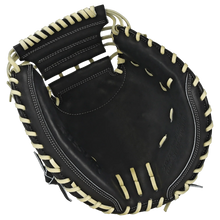 An All Star Pro-Elite Japan 34″ Baseball Catcher’s Mitt (CM3000-J1-34) in black HIMEJI leather with cream-colored laces, viewed from above, highlighting its deep pocket and sturdy stitching details.