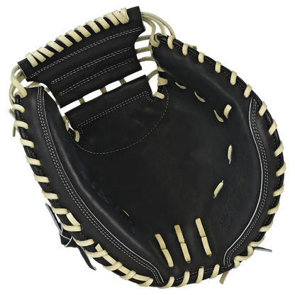 An All Star Pro-Elite Japan 34″ Baseball Catcher’s Mitt (CM3000-J1-34) in black HIMEJI leather with cream-colored laces, viewed from above, highlighting its deep pocket and sturdy stitching details.