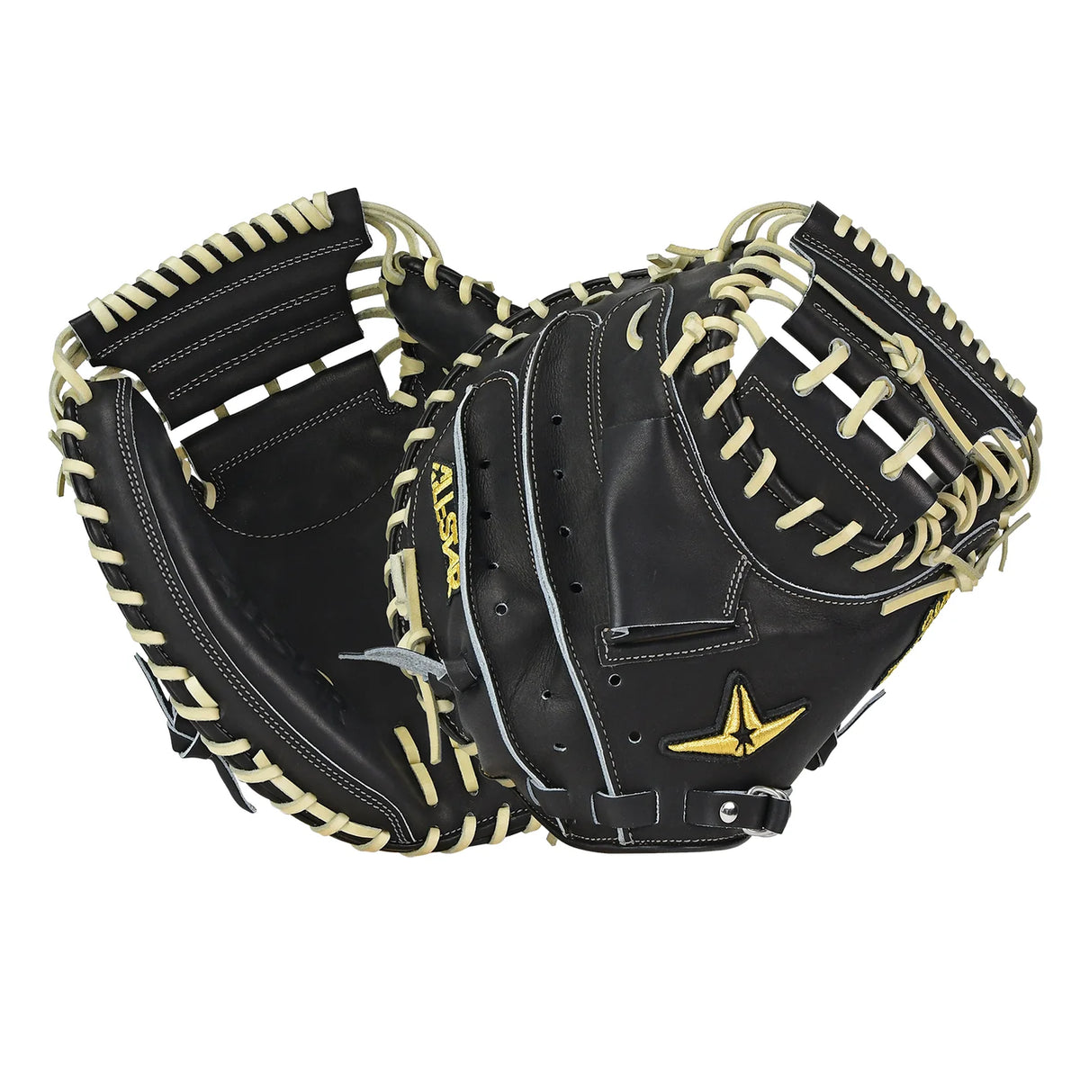 Here is a revised version of the sentence using your product data: The All Star Pro-Elite Japan 34″ Baseball Catcher’s Mitt (CM3000-J1-34) by All Star is featured in black premium HIMEJI leather with white laces and yellow stitching, shown from both the palm and back sides—ideal for any Japan Series enthusiast.