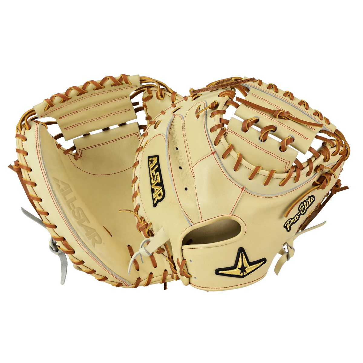Two All Star Pro-Elite Japan 34″ Catcher’s Mitts (CM3000-J2-34) crafted from premium HIMEJI leather in tan, featuring brown lacing, black All Star logos, and Pro Elite patches—displayed to highlight both the front and back of these Japanese-style gloves.