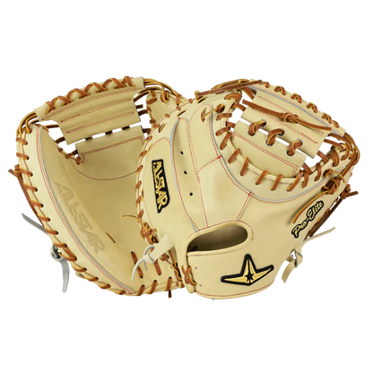Two All Star Pro-Elite Japan 34″ Catcher’s Mitts (CM3000-J2-34) crafted from premium HIMEJI leather in tan, featuring brown lacing, black All Star logos, and Pro Elite patches—displayed to highlight both the front and back of these Japanese-style gloves.