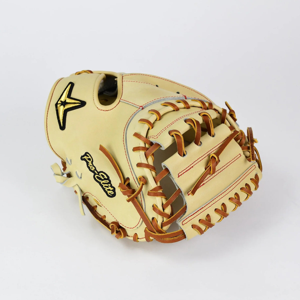 An All Star Pro-Elite Japan 34″ Baseball Catcher’s Mitt (CM3000-J2-34), featuring a tan and brown design crafted from premium HIMEJI leather with black and yellow All Star logos, is displayed on a plain white background.