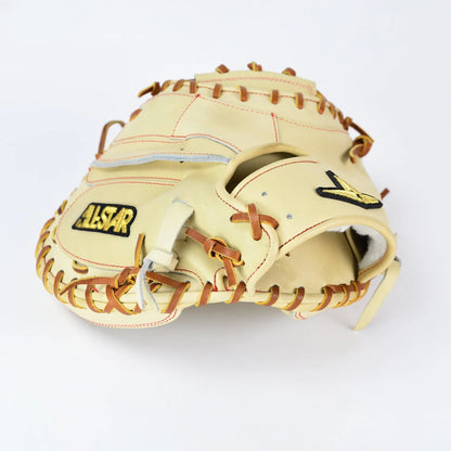 A tan and brown All Star Pro-Elite Japan 34″ Baseball Catcher’s Mitt (CM3000-J2-34), featuring visible stitching and an ALL-STAR patch on the side, crafted from premium HIMEJI leather in a traditional Japanese-style design, displayed against a plain white background.
