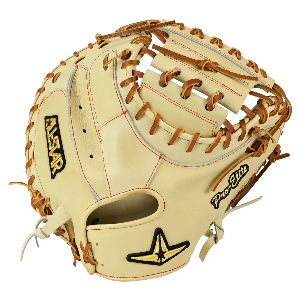 A light tan All Star Pro-Elite Japan 34″ Catcher’s Mitt (CM3000-J2-34) with brown laces, black and yellow All Star branding, and “Pro Elite” stitched on the side. Made from premium HIMEJI leather, this Pro-Elite Japan Series mitt features an open web design and appears new and unused.
