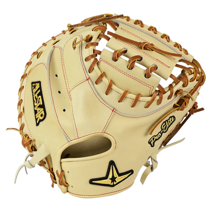 A light tan All Star Pro-Elite Japan 34″ Catcher’s Mitt (CM3000-J2-34) with brown laces, black and yellow All Star branding, and “Pro Elite” stitched on the side. Made from premium HIMEJI leather, this Pro-Elite Japan Series mitt features an open web design and appears new and unused.