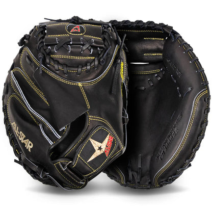 Two views of the All Star Pro-Elite 33.5" Baseball Catcher's Mitt: CM3000SBK-1-BK in black Japanese steerhide with yellow stitching, ALL STAR branding, and a star logo patch on the adjustable wrist closure, shown open and closed.