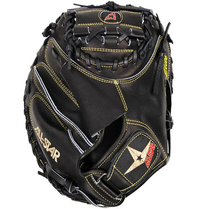 The All Star Pro-Elite 33.5" Baseball Catcher's Mitt (CM3000SBK-1-BK) features premium Japanese steerhide leather in black with yellow stitching, the All Star logo on thumb and wrist, and an adjustable closure, shown on a white background.