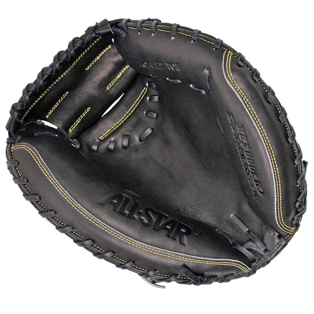 The All Star Pro-Elite 33.5" Baseball Catcher's Mitt (CM3000SBK-1-BK) features premium Japanese steerhide leather and an adjustable wrist closure, shown on a white background.