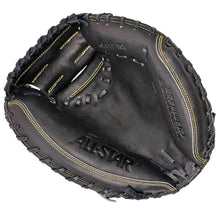 The All Star Pro-Elite 33.5" Baseball Catcher's Mitt (CM3000SBK-1-BK) features premium Japanese steerhide leather and an adjustable wrist closure, shown on a white background.