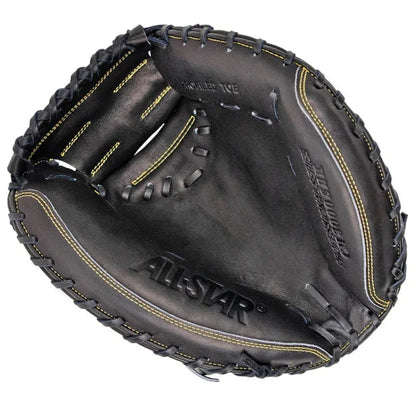 The All Star Pro-Elite 33.5" Baseball Catcher's Mitt (CM3000SBK-1-BK) features premium Japanese steerhide leather and an adjustable wrist closure, shown on a white background.