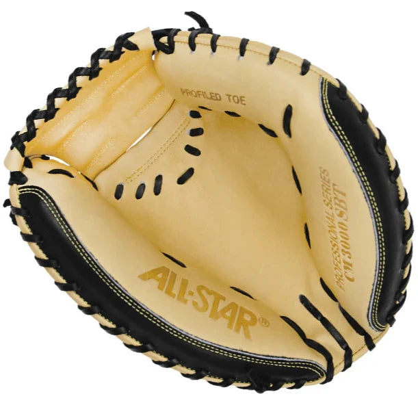The All Star Pro-Elite 35" Catcher's Mitt (CM3000BT-1-BK-TAN) features tan and black Japanese steerhide leather with black lacing and All Star branding on the palm.