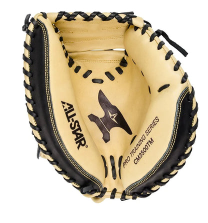 The All Star ANVIL 33.5" Weighted Training Mitt (CM3500TM) features a tan and black design with thick black lacing, ALL-STAR branding, and star logo—ideal for serious baseball training needs.