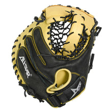 The All Star KEYHOLE 33.5" Training Mitt: CM4000TM is a black and tan catcher’s mitt with yellow stitching, All Star logos on thumb and wrist, leather laces, an open web, and is designed to enhance pocket awareness during training.