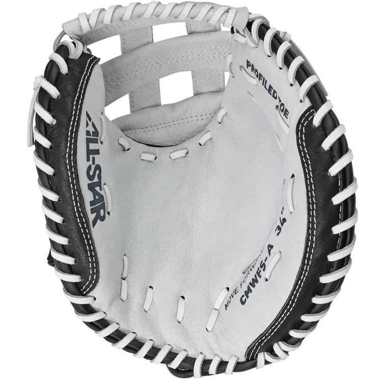 The All Star Future Star 32.5" Fastpitch Catcher's Mitt (CMW-FS-Y) is a white and black glove with visible stitching, "ALL-STAR" on the palm, open to show its interior padding, lacing details, and an adjustable wrist strap for a secure fit.