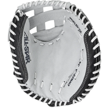 The All Star Future Star 32.5" Fastpitch Catcher's Mitt (CMW-FS-Y) is a white and black glove with visible stitching, "ALL-STAR" on the palm, open to show its interior padding, lacing details, and an adjustable wrist strap for a secure fit.