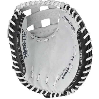 The All Star Future Star 32.5" Fastpitch Catcher's Mitt (CMW-FS-Y) is a white and black glove with visible stitching, "ALL-STAR" on the palm, open to show its interior padding, lacing details, and an adjustable wrist strap for a secure fit.