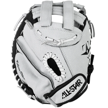 The All Star Future Star 32.5" Fastpitch Catcher's Mitt: CMW-FS-Y, by All Star, made from durable leather, features an adjustable wrist strap for a secure fit and is shown resting on a white background.