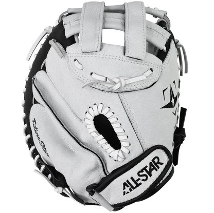 The All Star Future Star 32.5" Fastpitch Catcher's Mitt: CMW-FS-Y, by All Star, made from durable leather, features an adjustable wrist strap for a secure fit and is shown resting on a white background.