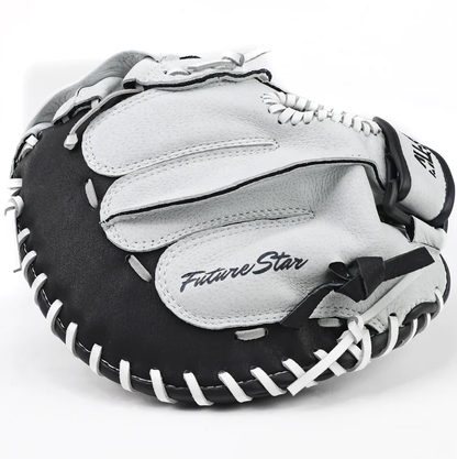 The All Star Future Star 32.5" Fastpitch Catcher's Mitt (CMW-FS-Y) is a black and white leather glove with "Future Star" lettering, white stitching, an adjustable wrist strap, and a partially open pocket.