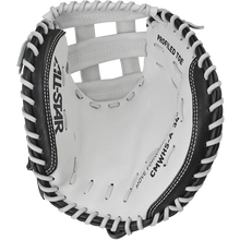 A close-up of the All Star Heiress 34" Fastpitch Catcher's Mitt (CMW-H-A), crafted from durable steerhide with white and black trim. Detailed stitching highlights the pocket—ideal for any travel ball catcher.