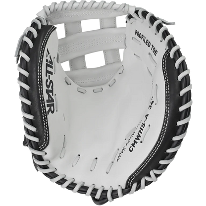 A close-up of the All Star Heiress 34" Fastpitch Catcher's Mitt (CMW-H-A), crafted from durable steerhide with white and black trim. Detailed stitching highlights the pocket—ideal for any travel ball catcher.