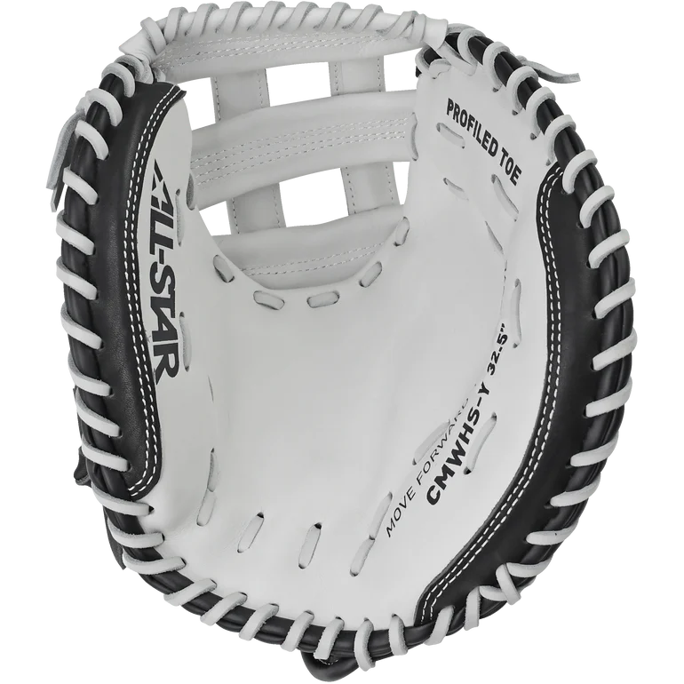 A close-up of the All Star Heiress 32.5" Fastpitch Catcher's Mitt (CMW-H-Y) in black and white, featuring visible stitching and branded All Star text on the inside palm.