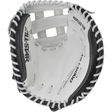 A close-up of the All Star Heiress 32.5" Fastpitch Catcher's Mitt (CMW-H-Y) in black and white, featuring visible stitching and branded All Star text on the inside palm.