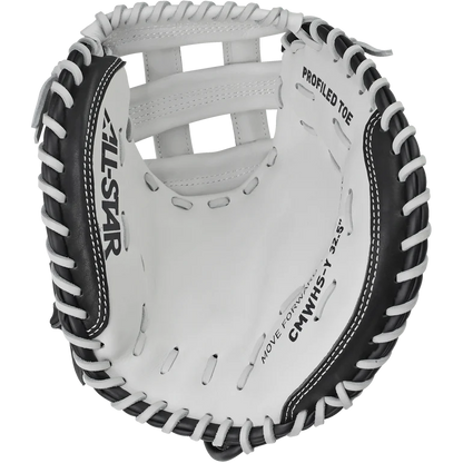 A close-up of the All Star Heiress 32.5" Fastpitch Catcher's Mitt (CMW-H-Y) in black and white, featuring visible stitching and branded All Star text on the inside palm.