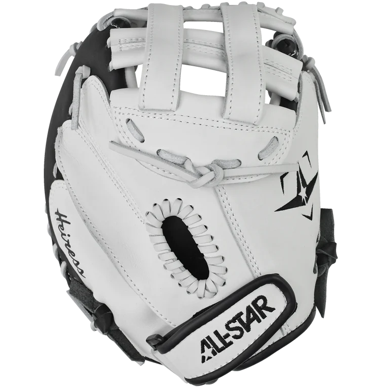 The All Star Heiress 34" Fastpitch Catcher's Mitt (CMW-H-A) features white and black steerhide leather, gray laces, finger slots, the All Star logo on the wrist strap, and a star emblem—ideal for travel ball catchers.