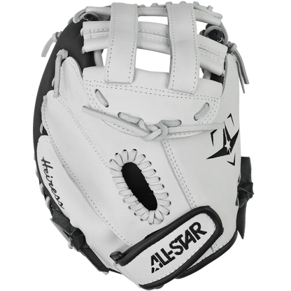 The All Star Heiress 34" Fastpitch Catcher's Mitt (CMW-H-A) features white and black steerhide leather, gray laces, finger slots, the All Star logo on the wrist strap, and a star emblem—ideal for travel ball catchers.