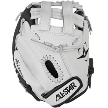 The All Star Heiress 32.5" Fastpitch Catcher's Mitt (CMW-H-Y) features white steerhide leather with black and white stitching—ideal for travel ball catchers seeking a top-quality mitt.