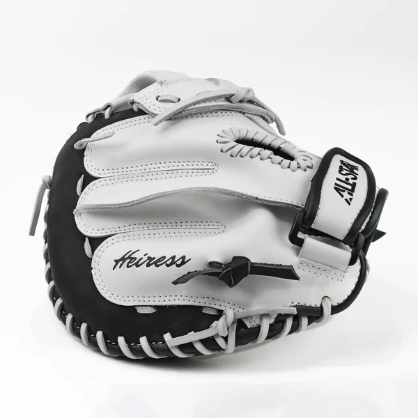 A close-up of an All Star Heiress 34" Fastpitch Catcher's Mitt (CMW-H-A) in black and white, crafted from durable steerhide leather with detailed stitching and lacing, showcased as a premium mitt against a plain white background.