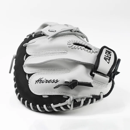 A close-up of an All Star Heiress 34" Fastpitch Catcher's Mitt (CMW-H-A) in black and white, crafted from durable steerhide leather with detailed stitching and lacing, showcased as a premium mitt against a plain white background.