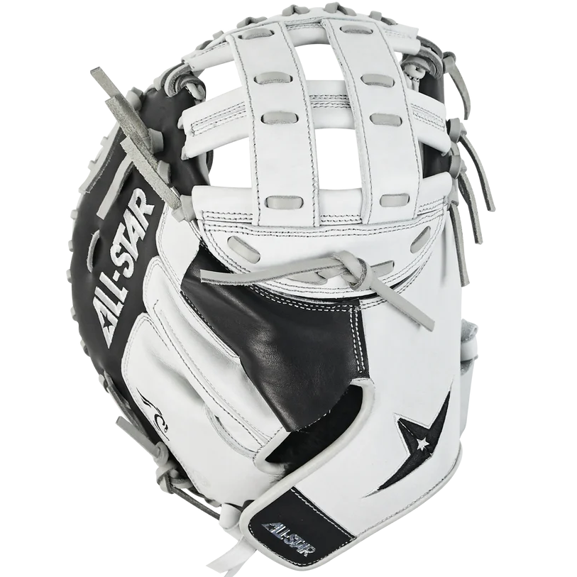 The All Star PHX 34" Paige Halstead GM Fastpitch Catcher's Mitt features a white and black design, star logo on the wrist strap, grey laces, closed web, adjustable pocket system, and premium grade leather construction.