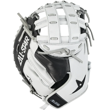 The All Star PHX 34" Paige Halstead GM Fastpitch Catcher's Mitt features a white and black design, star logo on the wrist strap, grey laces, closed web, adjustable pocket system, and premium grade leather construction.