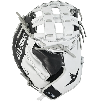 The All Star PHX 34" Paige Halstead GM Fastpitch Catcher's Mitt features a white and black design, star logo on the wrist strap, grey laces, closed web, adjustable pocket system, and premium grade leather construction.