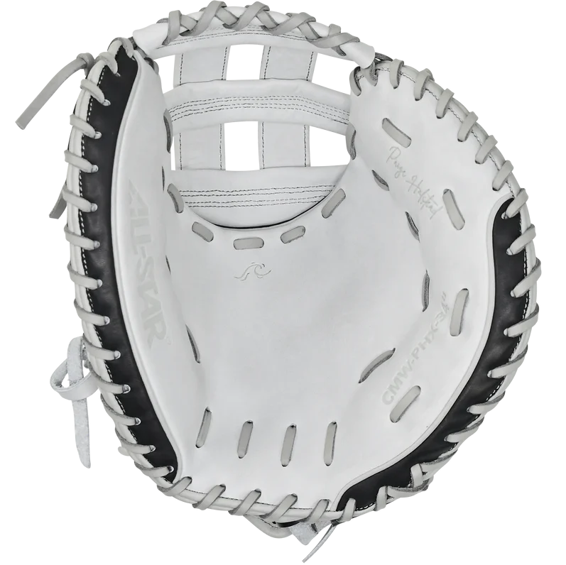 The All Star PHX 34" Paige Halstead GM Fastpitch Catcher's Mitt (CMW-PHX-34) features a white and black design, premium leather, visible edge lacing, and "ALL-STAR" on the thumb. Shown from the palm side on a white background.