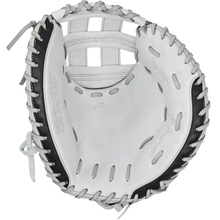 The All Star PHX 34" Paige Halstead GM Fastpitch Catcher's Mitt (CMW-PHX-34) features a white and black design, premium leather, visible edge lacing, and "ALL-STAR" on the thumb. Shown from the palm side on a white background.