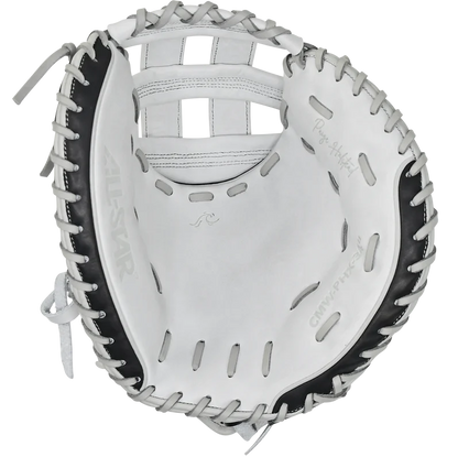The All Star PHX 34" Paige Halstead GM Fastpitch Catcher's Mitt (CMW-PHX-34) features a white and black design, premium leather, visible edge lacing, and "ALL-STAR" on the thumb. Shown from the palm side on a white background.