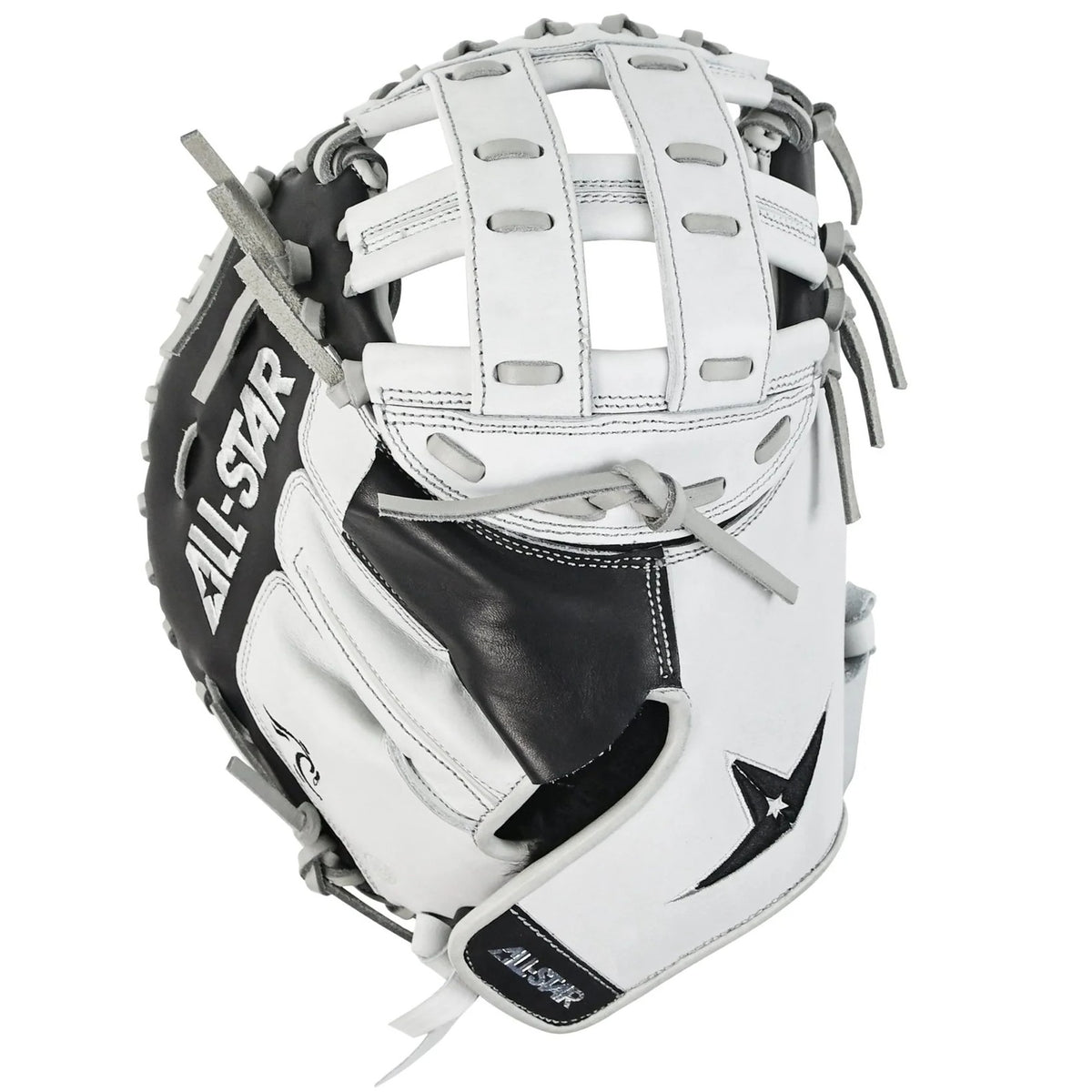 The All Star PHX 33″ Paige Halstead Fastpitch Catcher’s Mitt (CMW-PHX-33) is a white and black glove with gray laces, a woven web pattern, and prominent All Star branding. Designed for catching baseballs, this mitt features an adjustable pocket system that provides a versatile fit for travel ball, making it ideal for serious players.