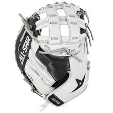 The All Star PHX 33″ Paige Halstead Fastpitch Catcher’s Mitt (CMW-PHX-33) is a white and black glove with gray laces, a woven web pattern, and prominent All Star branding. Designed for catching baseballs, this mitt features an adjustable pocket system that provides a versatile fit for travel ball, making it ideal for serious players.