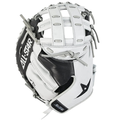 The All Star PHX 33″ Paige Halstead Fastpitch Catcher’s Mitt (CMW-PHX-33) is a white and black glove with gray laces, a woven web pattern, and prominent All Star branding. Designed for catching baseballs, this mitt features an adjustable pocket system that provides a versatile fit for travel ball, making it ideal for serious players.